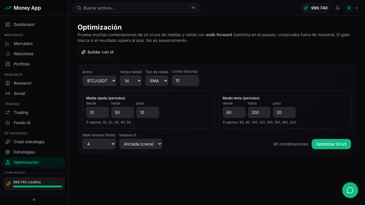 Optimizador de backtesting de Money App: heatmap de parámetros, equity y veredicto anti-sobreajuste