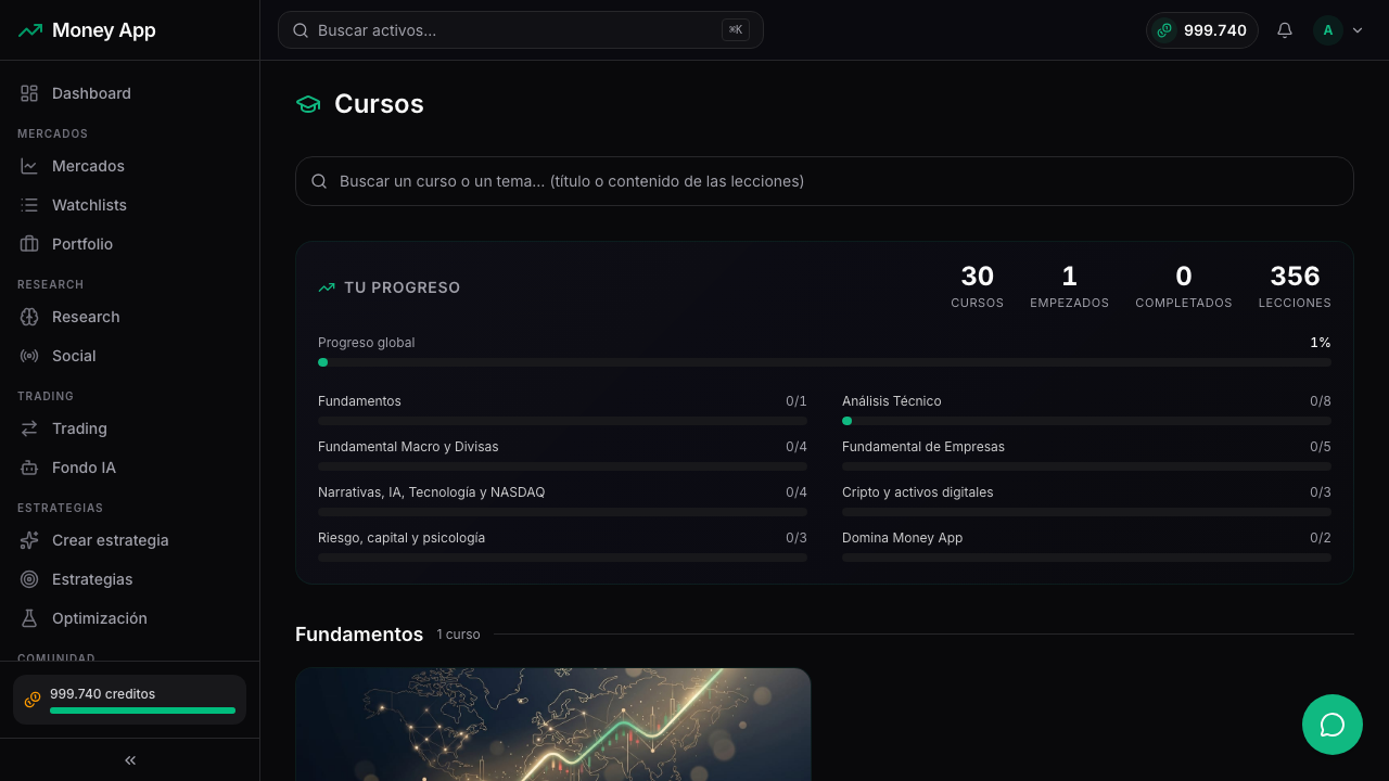 Catálogo de cursos de Money App organizado en itinerarios