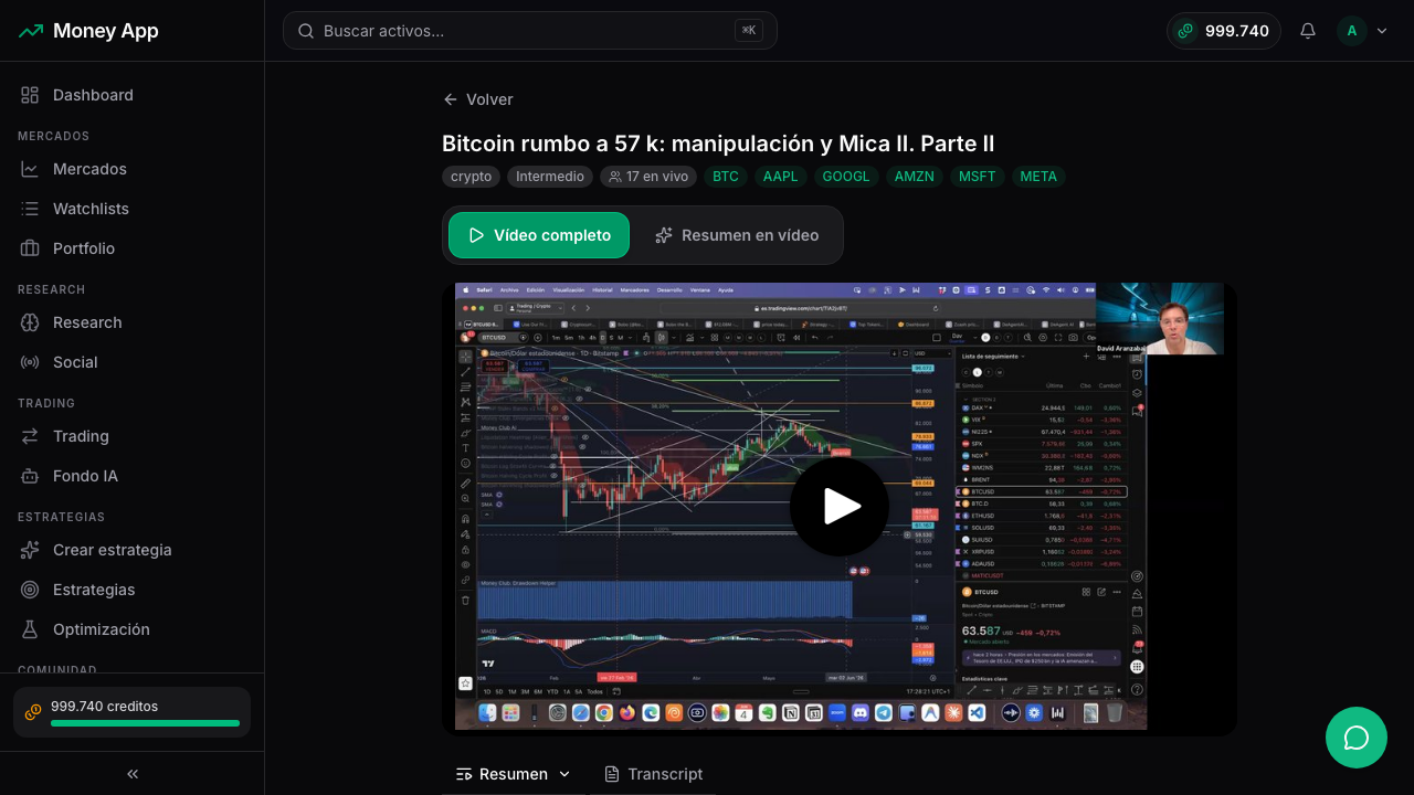Página de un directo: player Mux, resumen con IA, puntos clave y capítulos