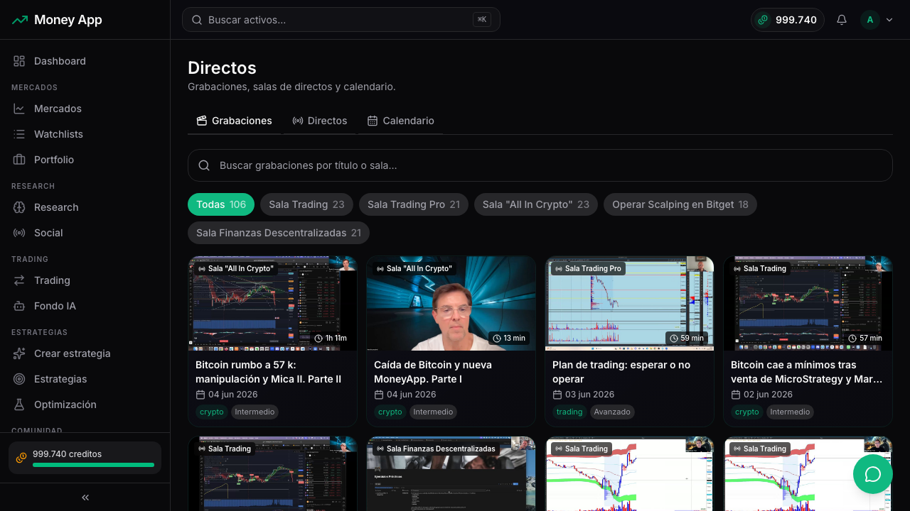 Videoteca de directos de Money App con buscador y filtros por sala