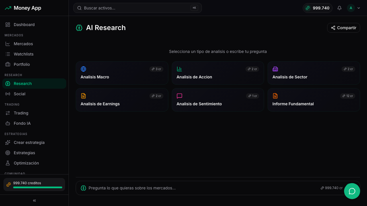Chat de research de Money App con las 6 tarjetas de análisis de un clic