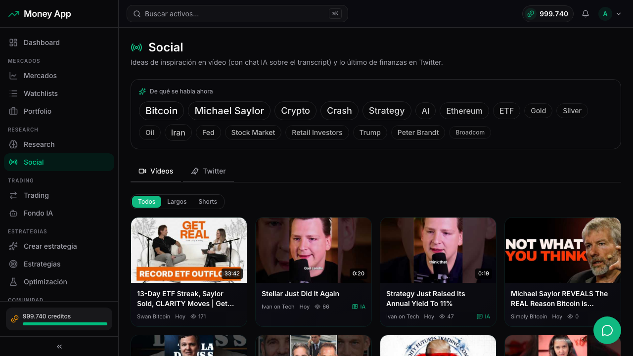 Trading Social de Money App: vídeos curados, nube de palabras y feed de Twitter